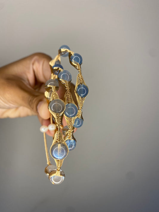 blue aquamarine Crystal pearl bangle